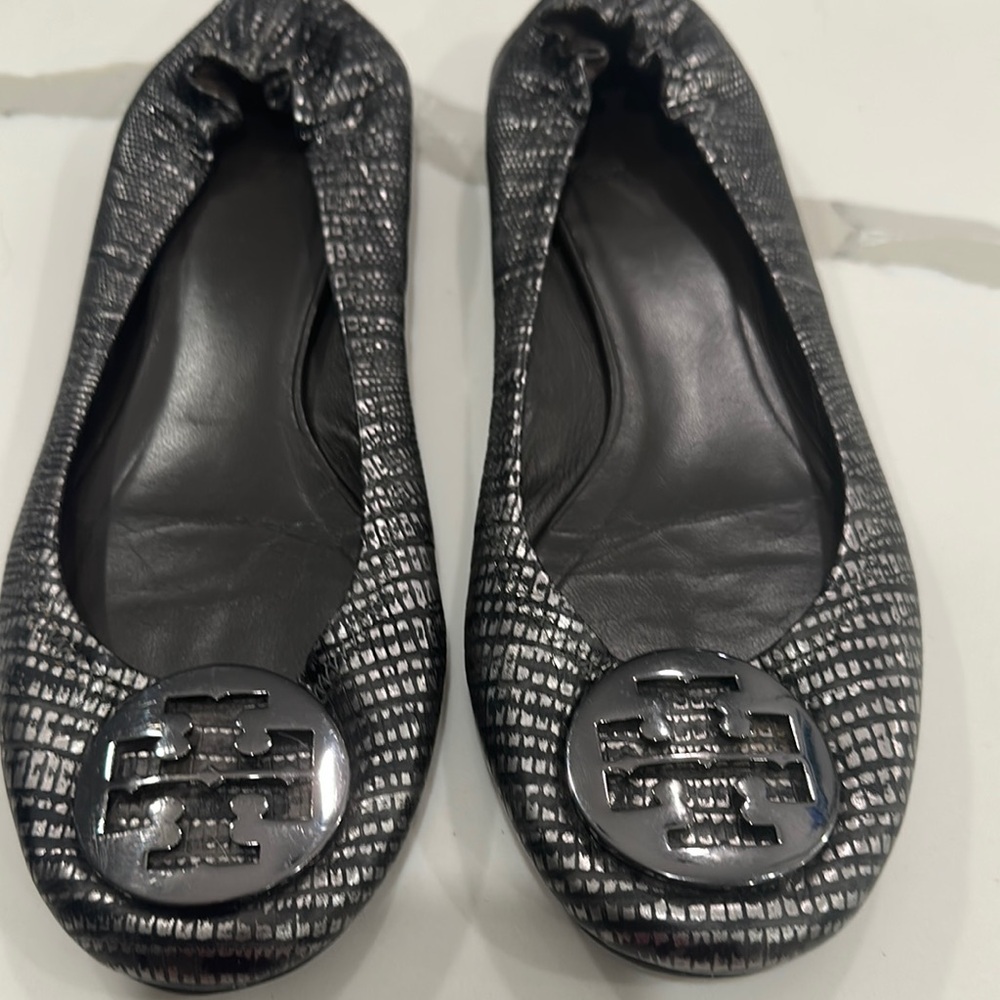 Tory Burch Black Silver Logo Ballet Flats